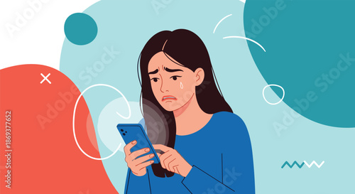 Young woman looks at her mobile phone with a very worried and sad expression with a single tear on her face against a colorful abstract backdrop.