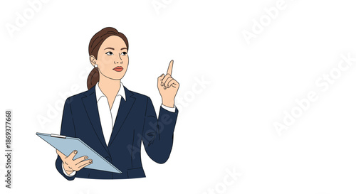 Professional woman in a business suit holds a clipboard and points her index finger upwards while looking toward the side against a white background.