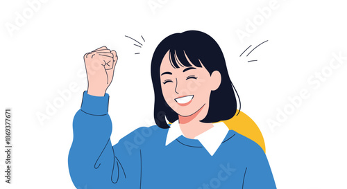 Cheerful young woman with short black hair smiles broadly and raises her fist in a triumphant gesture of success against a simple white background.
