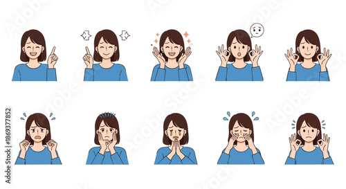 Comprehensive set of ten illustrations showing a woman's face with a wide variety of emotional expressions and hand gestures on a white background.