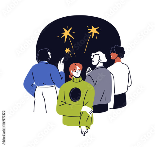 Loneliness, isolation from social group. Woman outcast, outsider, felling lonely, alone among people. Sad indifferent, uninterested mood concept. Flat vector illustration isolated on white background