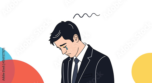 Sad businessman in a dark suit looks down with a dejected expression and a single tear on his cheek against a background with colorful circles.
