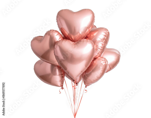 Cluster of shiny rose gold heart balloons,white background