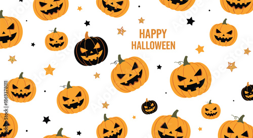 Festive Halloween pattern featuring many carved orange and black pumpkins with scary faces and glittery stars with the text Happy Halloween on white.