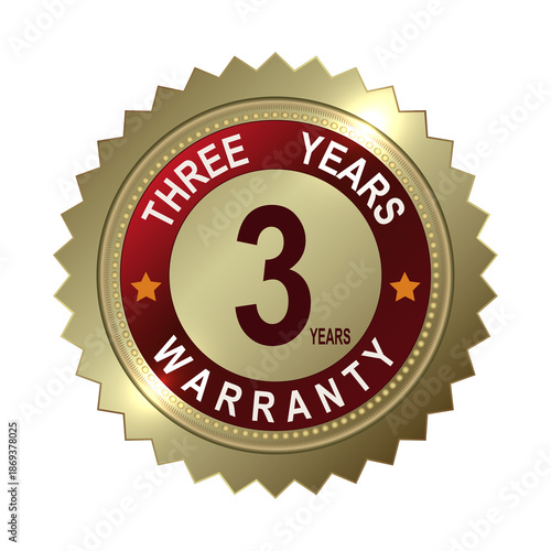 Round golden emblem with the number three, quality guarantee.