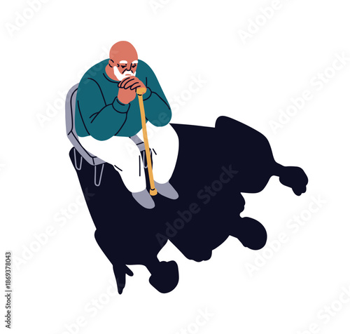Old man alone mourning, sad about loss. Elderly person in sadness, depression, nostalgia and memory about lost family. Grief and loneliness. Flat vector illustration isolated on white background