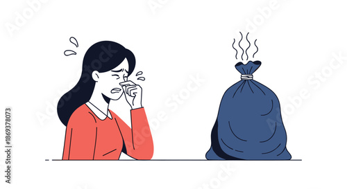 Woman in a red sweater holds her nose and makes a disgusted face while looking at a smelly blue bag of household garbage with odor lines on white.
