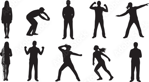 Silhouettes of people in various poses and actions