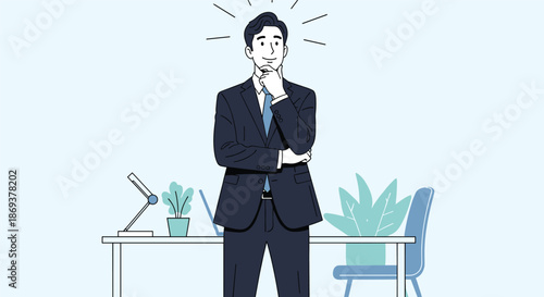 Thoughtful businessman in a dark suit stands in a modern office environment with his hand on his chin while contemplating a decision or strategy.