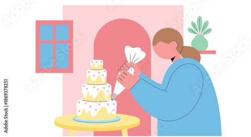 Woman decorating a tiered cake with frosting, creating a sweet masterpiece in a cozy setting