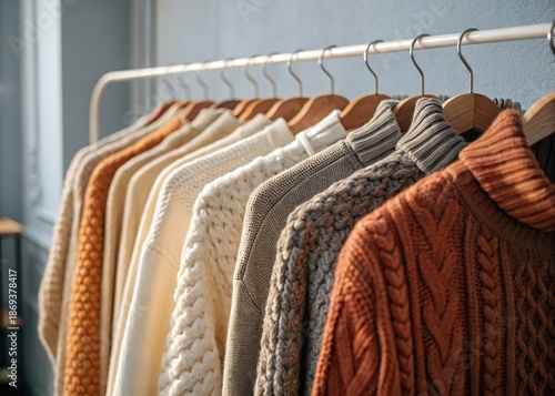 A collection of neatly arranged knit sweaters hanging on a clothing rack