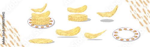 Hand drawn blini pancake set with traditional Russian ou Fench crepes, stacked and single views, plate and wheat elements. Food design for Maslenitsa, Chandeleur, menu, recipe, packaging 