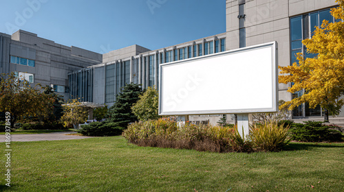 blank sale banner on university lawn for educational advertising, event promotions, and institutional marketing