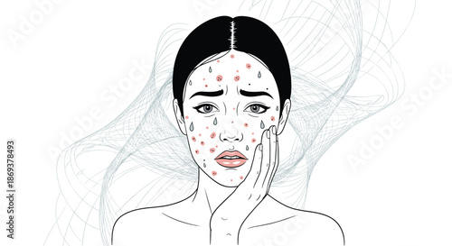 Line drawing of a woman's face covered in acne spots and sweat looking distressed and touching her cheek against a complex swirly background.