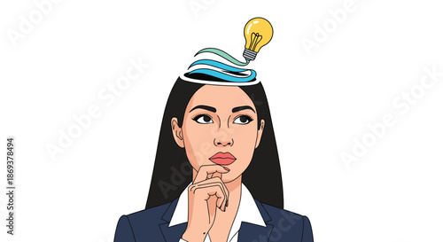 Businesswoman in a suit looks thoughtful as a bright yellow light bulb emerges from her head to represent a creative new idea or sudden inspiration.