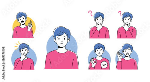 Collection of eight character illustrations showing a boy with blue hair in different emotional states and poses like thinking and making okay signs.