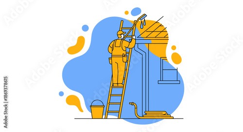 Illustration of Painter on Ladder Painting House.