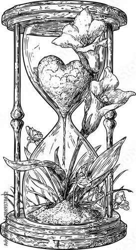 Artistic hourglass filled with sand and flowers intertwined.