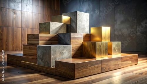 Modern industrial blocks with mixed textures and lighting contrast.