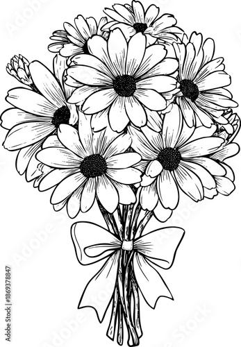 Hand-drawn bouquet of daisies tied with a bow.