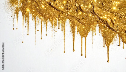 Shimmering gold paint dripping on white canvas.
