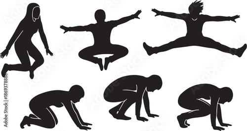 Silhouettes of people in various yoga poses and movements