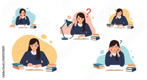Collection of illustrations showing a female student studying at a desk with different expressions of concentration and confusion.