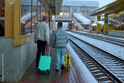 A father and son walk sidebyside down a snowy train platform, each pulling their own brightly colored suitcase. 