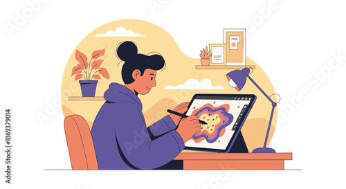 Woman Drawing on Digital Graphics Tablet.