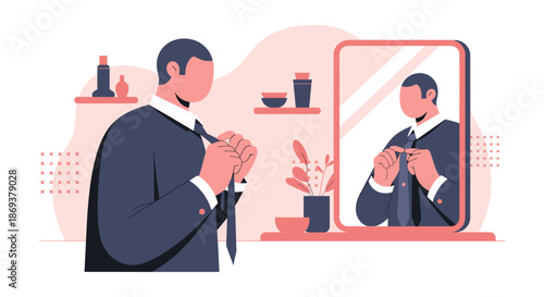 Man Adjusting Tie in Front of Mirror.