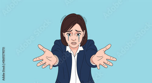 Emotional businesswoman in a suit crying with tears and reaching out her hands in a desperate plea for help or forgiveness.