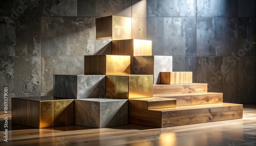 Modern industrial blocks with mixed textures and lighting contrast.