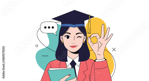 Happy young woman in graduation cap and gown winks while making an okay hand gesture and holding a book against a colorful abstract background.