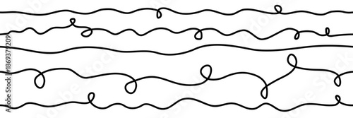 Black swirly squiggly line borders. Seamless abstract curvy line set. Twisting flowing lines.
