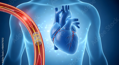 Advanced 3D medical illustration of a human heart with an artery containing an implanted stent