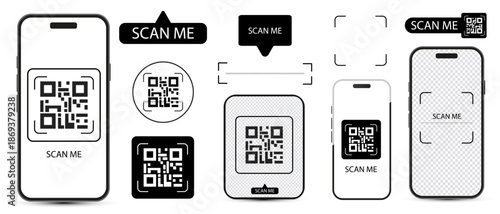 Modern vector set of QR code mockups and "Scan Me" buttons. Includes smartphone screens, frames, and digital scanner icons for mobile apps. Ideal for business, payments, and creative marketing.