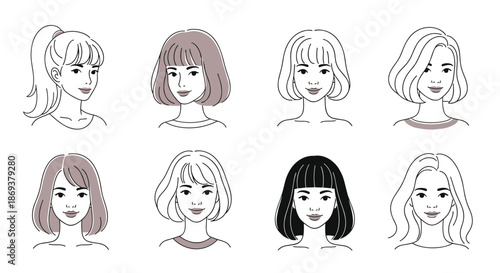 Set of different female hairstyles and face shapes shown in black and white line art illustrations for beauty and fashion design.
