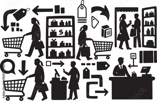 Shopping icons and people in silhouette style