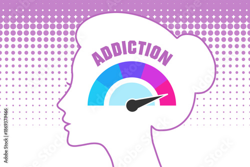 Addiction level meter on a woman head profile view. Concept illustration.