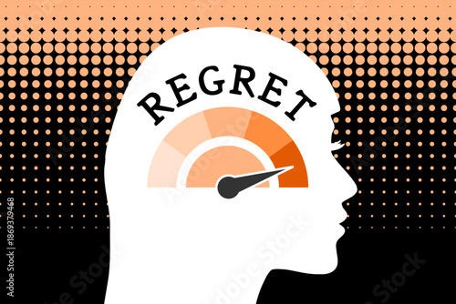 Regret level meter on a woman head profile view. Concept illustration. Negative emotion.