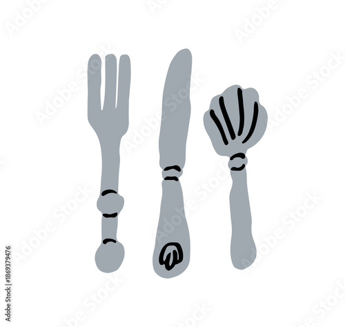 Cutlery set. Hand-drawn fork, table knife, shell-shaped spoon. Tableware tools, utensils, dining flatware in simple doodle whimsical kids style. Flat vector illustration isolated on white background