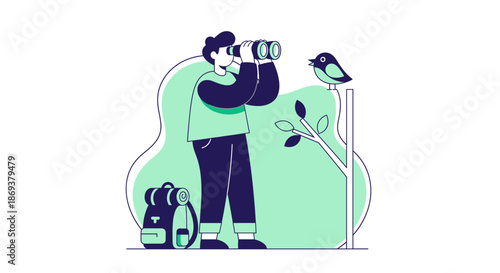 Man Birdwatching with Binoculars and Camera.