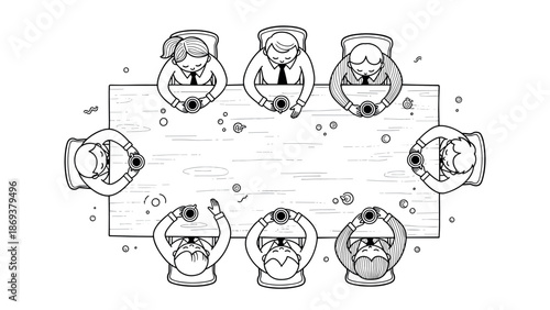 Office meeting top view with coffee cups in black and white linear style