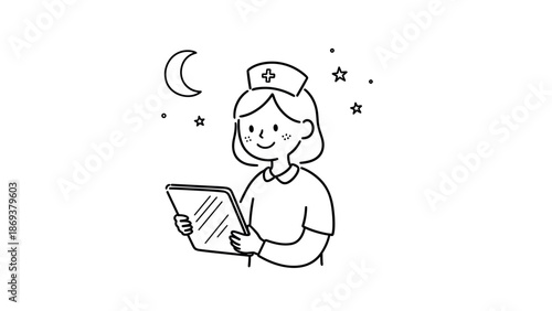 Linear nightshift nurse with digital tablet and celestial elements