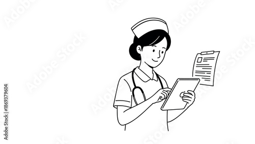 Nurse using digital tablet with patient records in minimalist black and white design