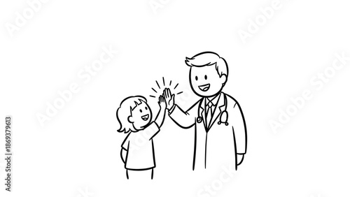 Cartoon doctor and child high-five in cheerful medical scene