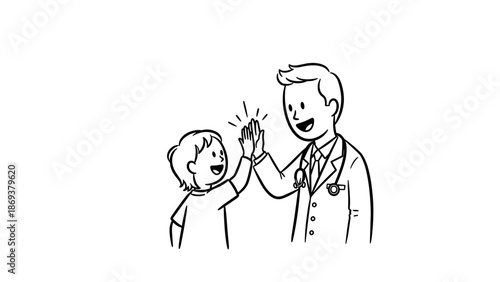 Doctor and child sharing a high five in a linear artwork celebrating trust and care