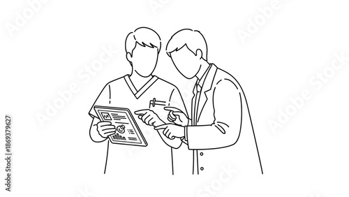 Medical professionals discussing patient data on digital tablet in line art style