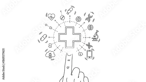 Healthcare technology concept with digital icons and hand pointing at a medical cross in linear style
