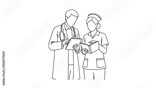 Linear medical team consultation: doctor and nurse reviewing patient data